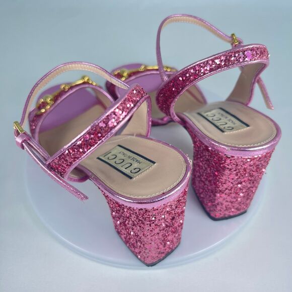 Gucci Horsebit Glittered Sandals - Pink | Women's 37.5 or US 7 - Picture 2 of 12